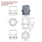 Technical drawing and physical component of a plumbing fitting with dimensions and specifications.