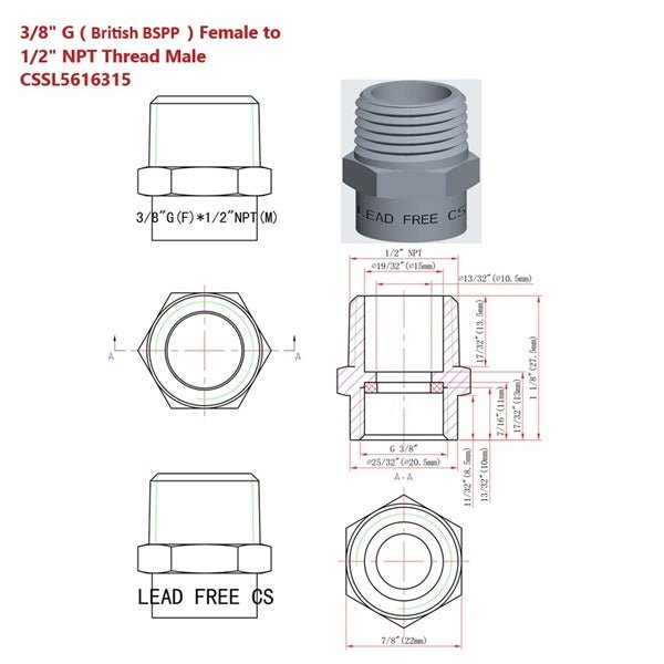 Technical drawing and physical component of a plumbing fitting with dimensions and specifications.