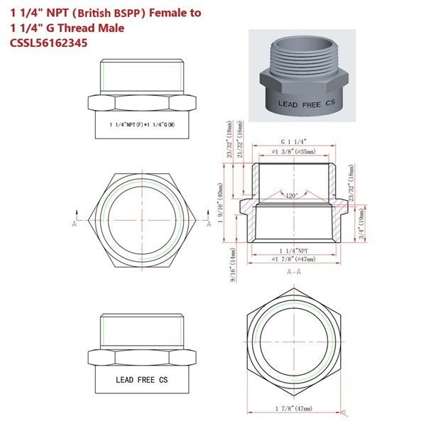 Technical drawing of a plumbing fitting with dimensions and specifications.