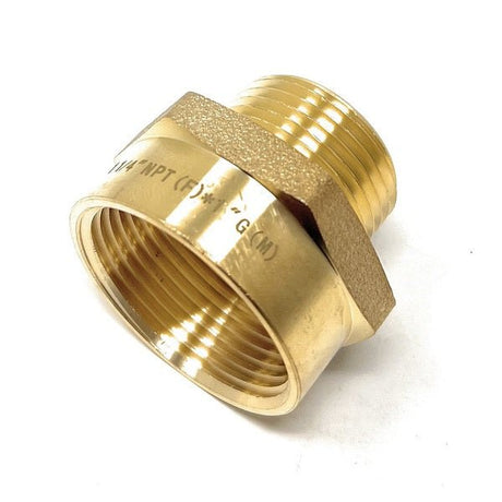 Cascada 1 inch BSPP to 1.25 inch NPT adapter in lead-free brass for plumbing use