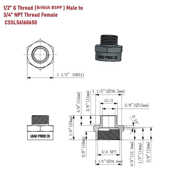 Technical diagram of a plumbing fitting with dimensions and thread specifications.