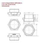 Technical drawing of Metric G thread BSPP male to NPT female adapter for plumbing connections