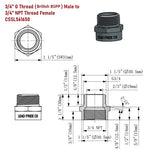 Technical drawing of a plumbing fitting with dimensions and thread specifications.