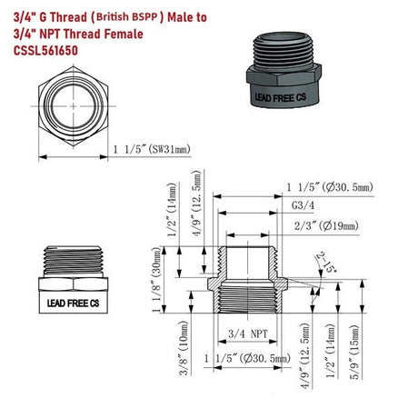 Technical drawing of a plumbing fitting with dimensions and thread specifications.