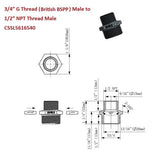 Technical diagram of plumbing thread conversion from 3/4" G Thread (British BSPP) Male to 1/2" NPT Thread Male with dimensions.