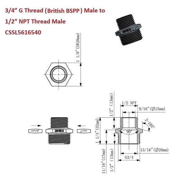 Technical diagram of plumbing thread conversion from 3/4" G Thread (British BSPP) Male to 1/2" NPT Thread Male with dimensions.