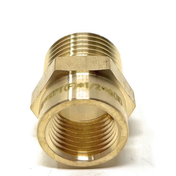 Close-up of 1/2-inch BSPP Male to 3/8-inch NPT Female Adapter threads, featuring parallel G Thread and tapered NPT for leak-proof sealing