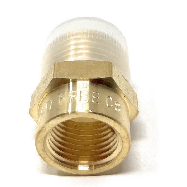 Side view of 1/2-inch BSPP Male to 3/8-inch NPT Female Adapter, showcasing durable lead-free brass construction for plumbing and hydraulic systems