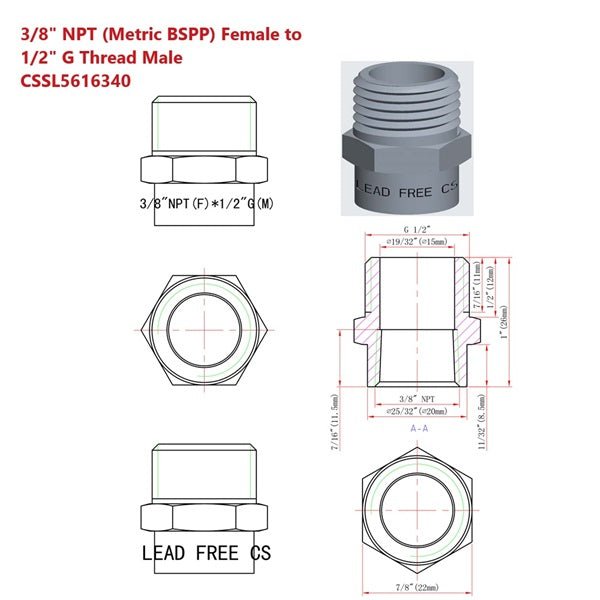 Dimensions diagram of 1/2-inch BSPP Male to 3/8-inch NPT Female Adapter, showing exact measurements for easy installation and compatibility