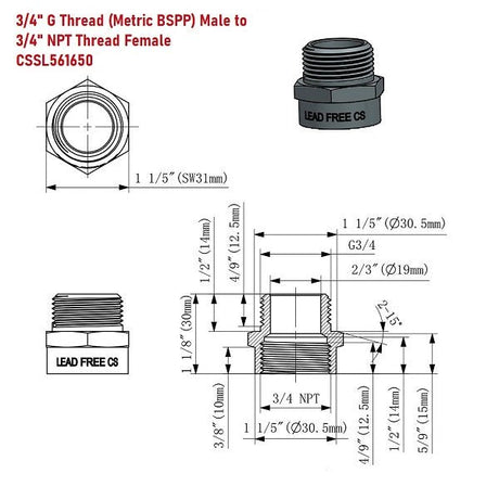 G Thread (Metric BSPP) Male to NPT Female Adapter - Lead Free (3/4" x 3/4") - Cascada Showers, cascada 3/4 inch pipe fitting plumbing adapter, 3/4 g male to npt 3/4 female connector, g 3/4 to npt female adapter fittings, 3/4 pipe fitting connector, male to female fitting adapter, brass pipe fitting adapter, pipe fitting, 2 hose connector, 3/4” G male x 3/4” NPT female Connector, 3/4 g thread, bspp adapter, is g thread compatible with npt