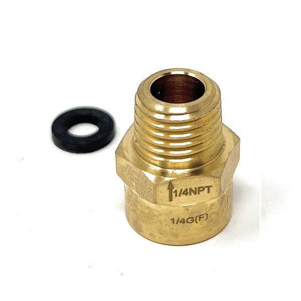 Brass plumbing fitting with 1/4 NPT marking on a white background