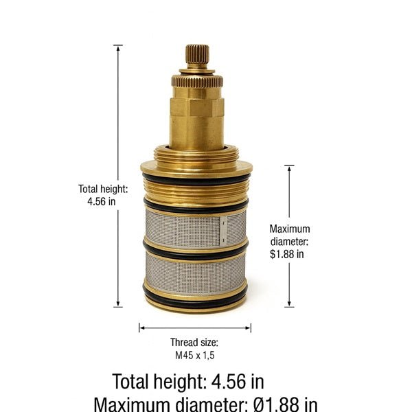 Brass fitting with measurements on a white background