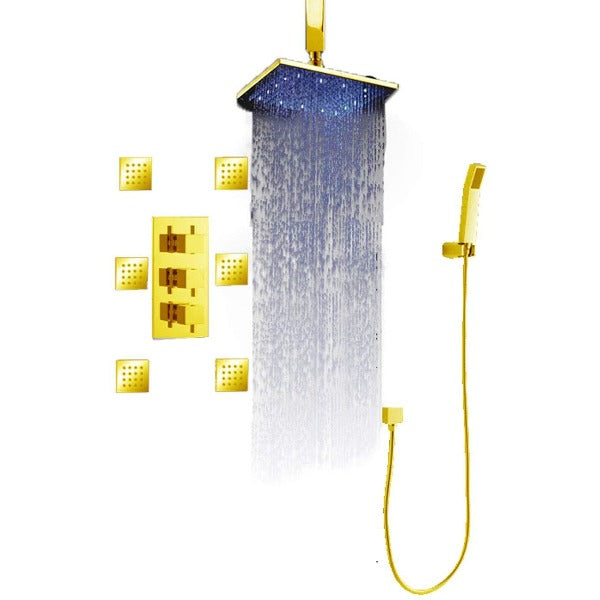 showerhead system rain head shower handheld set complete led bathroom waterfall heads light rainfall Thermostatic 6 Massage Jets Spray Body Shower Set for lights bathroom set Antique Brushed Brass Finish color change wall complete shower set bathroom rainfall shower head with handheld