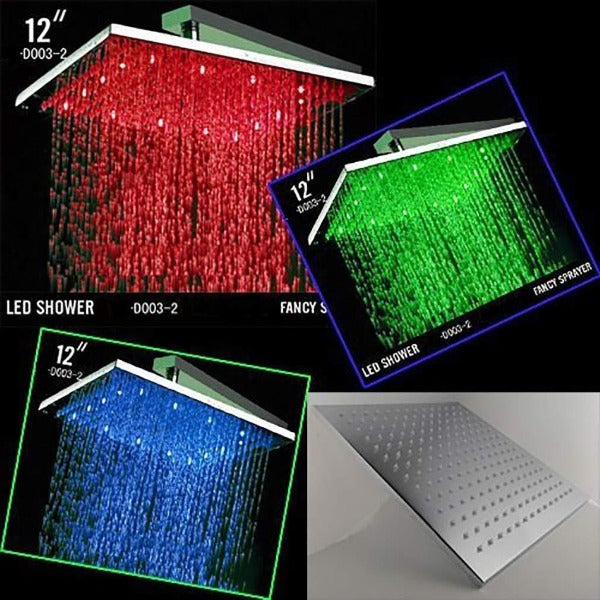 12" Square Rainfall LED Shower Head Cascada Square Rainfall LED Shower Head, Heavy Duty Metal (Without Shower Arm) shower leds, shawer led, lighted shower head, shower had led, led showerheads, showerhead with lights, color shower head, Large shower head