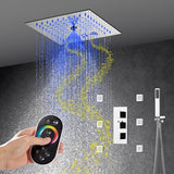 Cascada Luxury 12” Music LED shower system with built-in Bluetooth Speakers, 4 function (Rainfall, Misty, body jets & Hand Shower) & Remote Control 64 Color Lights cascada system LED bluetooth shower head speaker hot cold music rain rainfall musical light showerhead body spray jet waterfall misty ceiling mounted handheld high pressure thermostatic mixer holder black matte chrome oil rubbed bronze remote control