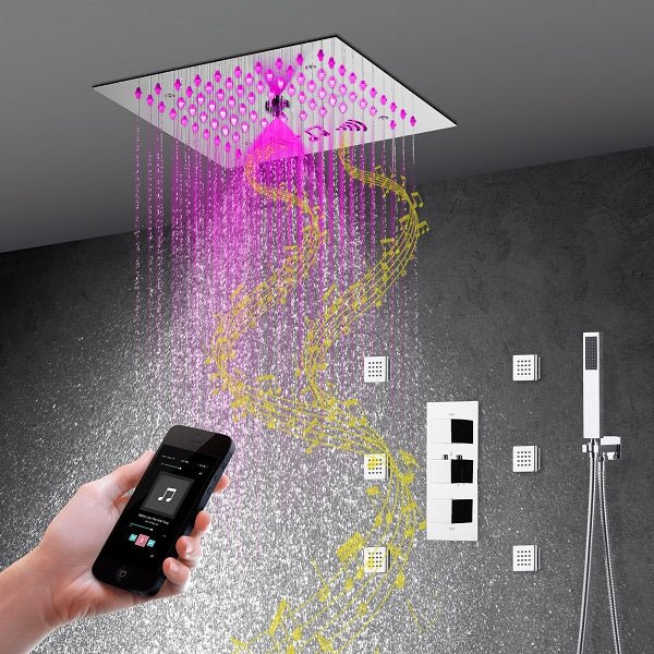 Cascada Luxury 12” Music LED shower system with built-in Bluetooth Speakers, 4 function (Rainfall, Misty, body jets & Hand Shower) & Remote Control 64 Color Lights cascada system LED bluetooth shower head speaker hot cold music rain rainfall musical light showerhead body spray jet waterfall misty ceiling mounted handheld high pressure thermostatic mixer holder black matte chrome oil rubbed bronze remote control