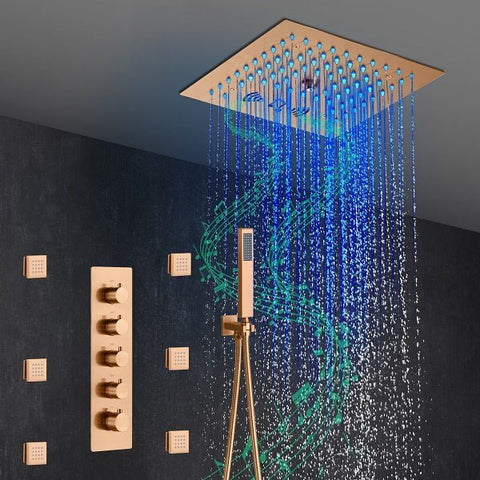 Cascada Luxury 12” Music LED shower system with built-in Bluetooth Speakers, 4 functions (Rainfall, Misty, Body jets & HandShower) & Remote Control 64 Color Lights cascada system LED bluetooth shower head speaker hot cold music rain rainfall musical lights showerhead body spray jet waterfall misty ceiling mounted handheld high pressure multicolor holder thermostatic chrome oil rubbed bronze mixer remote control