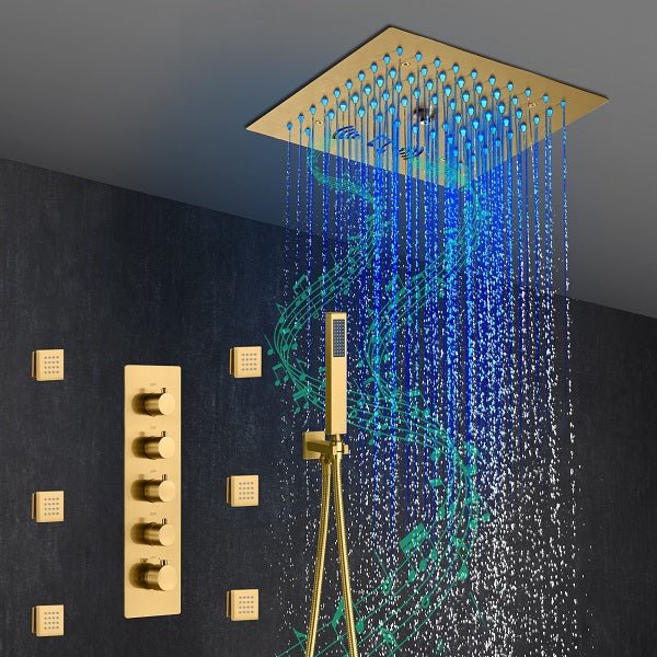 Cascada Luxury 12” Music LED shower system with built-in Bluetooth Speakers, 4 functions (Rainfall, Misty, Body jets & HandShower) & Remote Control 64 Color Lights cascada system LED bluetooth shower head speaker hot cold music rain rainfall musical lights showerhead body spray jet waterfall misty ceiling mounted handheld high pressure multicolor holder thermostatic chrome oil rubbed bronze mixer remote control