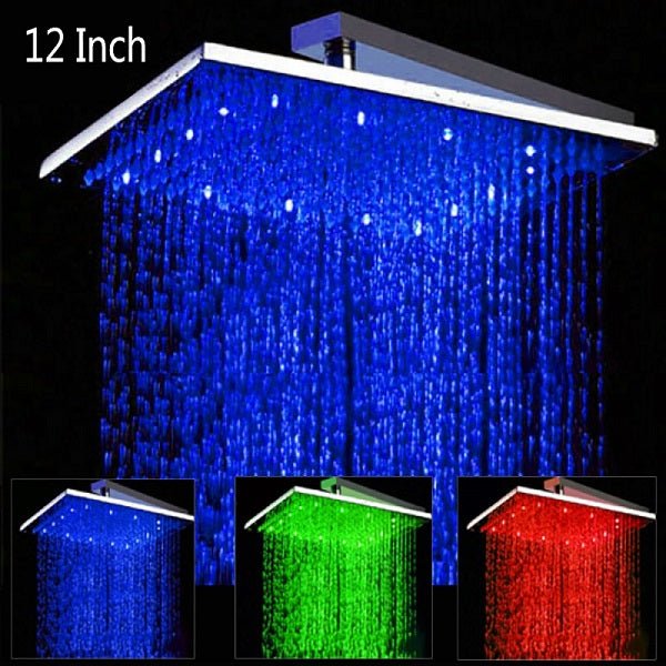 12" Square Rainfall LED Shower Head - Cascada Showers Cascada Square Rainfall LED Shower Head, Heavy Duty Metal (Without Shower Arm) shower leds, shawer led, lighted shower head, shower had led, led showerheads, showerhead with lights, color shower head, Large shower head