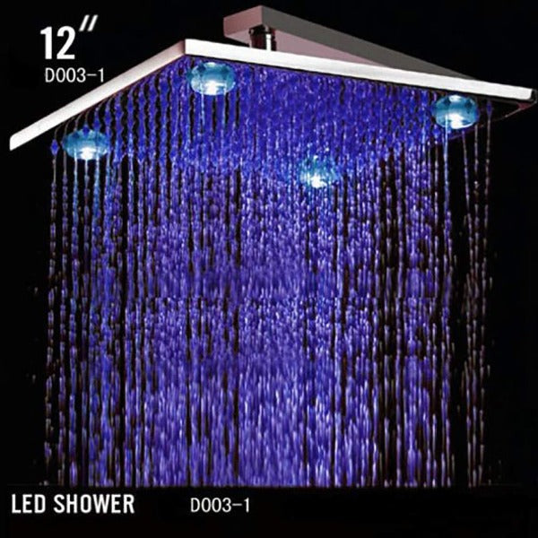 12" Square Rainfall LED Shower Head Stainless Steel with Chrome Finish - Cascada Showers