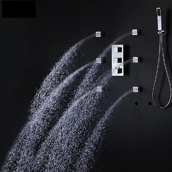 Cascada Luxurious 14" x 20" Large Multicolor LED Shower System with Color Changing Remote Controller & 3-Way Shower Mixer (Rainfall, 6 Massage Jets Spray Body and Hand Shower) shower head with handheld rain multicolor led rainfall 3 knob valve handle shower head high pressure black handheld system holder 6 massage jets body gold kit chrome oil rubbed bronze mixer modern ceiling mount 3 way thermostatic square shower system