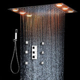 Cascada Luxurious 14" x 20" Large Multicolor LED Shower System with Color Changing Remote Controller & 3-Way Shower Mixer (Rainfall, 6 Massage Jets Spray Body and Hand Shower) shower head with handheld rain multicolor led rainfall 3 knob valve handle shower head high pressure black handheld system holder 6 massage jets body gold kit chrome oil rubbed bronze mixer modern ceiling mount 3 way thermostatic square shower system