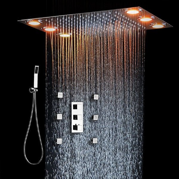 Cascada Luxurious 14" x 20" Large Multicolor LED Shower System with Color Changing Remote Controller & 3-Way Shower Mixer (Rainfall, 6 Massage Jets Spray Body and Hand Shower) shower head with handheld rain multicolor led rainfall 3 knob valve handle shower head high pressure black handheld system holder 6 massage jets body gold kit chrome oil rubbed bronze mixer modern ceiling mount 3 way thermostatic square shower system