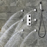 Cascada Luxurious 14" x 20" Large Multicolor LED Shower System with Color Changing Remote Controller & 3-Way Shower Mixer (Rainfall, 6 Massage Jets Spray Body and Hand Shower) shower head with handheld rain multicolor led rainfall 3 knob valve handle shower head high pressure black handheld system holder 6 massage jets body gold kit chrome oil rubbed bronze mixer modern ceiling mount 3 way thermostatic square shower system