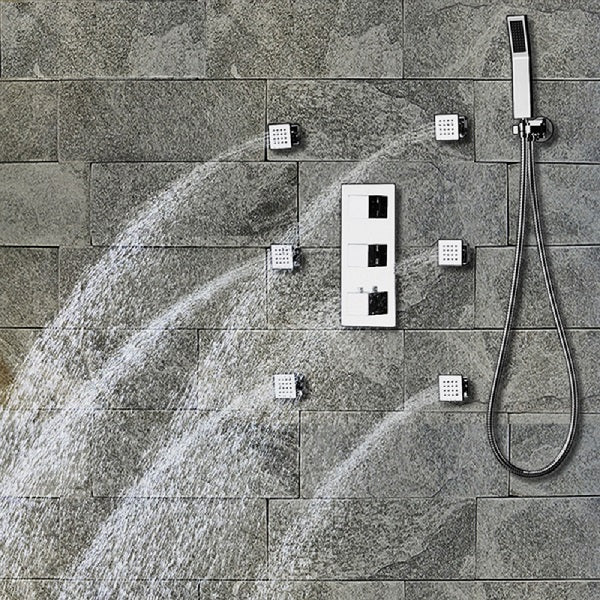 Cascada Luxurious 14" x 20" Large Multicolor LED Shower System with Color Changing Remote Controller & 3-Way Shower Mixer (Rainfall, 6 Massage Jets Spray Body and Hand Shower) shower head with handheld rain multicolor led rainfall 3 knob valve handle shower head high pressure black handheld system holder 6 massage jets body gold kit chrome oil rubbed bronze mixer modern ceiling mount 3 way thermostatic square shower system