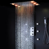 Cascada Luxurious 14" x 20" Large Multicolor LED Shower System with Color Changing Remote Controller & 3-Way Shower Mixer (Rainfall, 6 Massage Jets Spray Body and Hand Shower) shower head with handheld rain multicolor led rainfall 3 knob valve handle shower head high pressure black handheld system holder 6 massage jets body gold kit chrome oil rubbed bronze mixer modern ceiling mount 3 way thermostatic square shower system