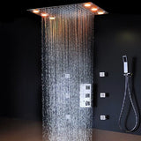 Cascada Luxurious 14" x 20" Large Multicolor LED Shower System with Color Changing Remote Controller & 3-Way Shower Mixer (Rainfall, 6 Massage Jets Spray Body and Hand Shower) shower head with handheld rain multicolor led rainfall 3 knob valve handle shower head high pressure black handheld system holder 6 massage jets body gold kit chrome oil rubbed bronze mixer modern ceiling mount 3 way thermostatic square shower system