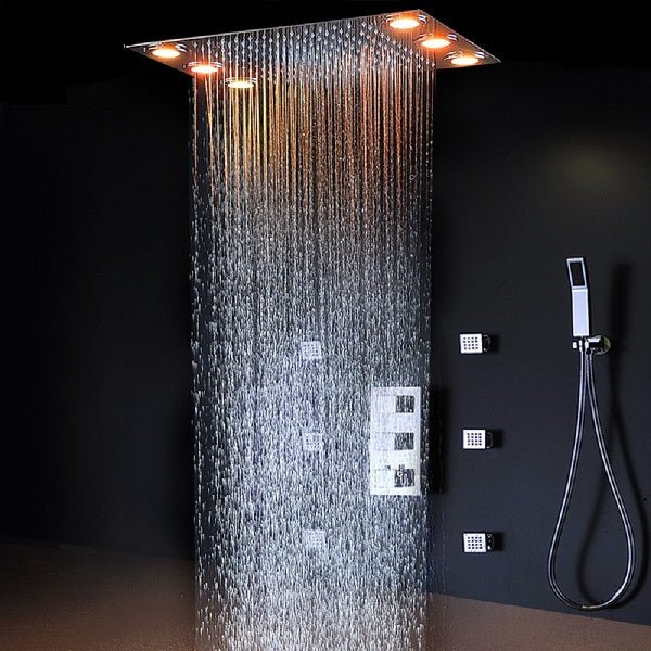 Cascada Luxurious 14" x 20" Large Multicolor LED Shower System with Color Changing Remote Controller & 3-Way Shower Mixer (Rainfall, 6 Massage Jets Spray Body and Hand Shower) shower head with handheld rain multicolor led rainfall 3 knob valve handle shower head high pressure black handheld system holder 6 massage jets body gold kit chrome oil rubbed bronze mixer modern ceiling mount 3 way thermostatic square shower system