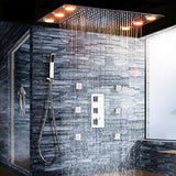 Cascada Luxurious 14" x 20" Large Multicolor LED Shower System with Color Changing Remote Controller & 3-Way Shower Mixer (Rainfall, 6 Massage Jets Spray Body and Hand Shower) shower head with handheld rain multicolor led rainfall 3 knob valve handle shower head high pressure black handheld system holder 6 massage jets body gold kit chrome oil rubbed bronze mixer modern ceiling mount 3 way thermostatic square shower system