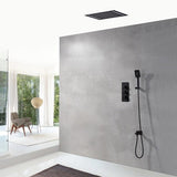 Cascada Luxury 14" x 20" Square Ceiling Mounted LED Shower System With 2-Way Thermostatic Valve (3 knobs), 2 Mode Function (Rainfall & Handheld Shower) shower head with handheld rain White LED & NON LED rainfall 3 valve handle shower heads high pressure black hand held system holder matte fixtures gold kit chrome oil rubbed bronze mixer modern ceiling mount 2 way thermostatic square showers system