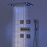 Cascada Thermostatic 14 x 20 Inch square LED Shower System with 4-Way Shower Mixer, Rainfall, 4 Massage Jets Spray Body Shower Set and Hand Shower shower head with handheld rain LED rainfall 4 knob handle shower heads high pressure black hand held system holder waterfall spray matte gold kit chrome oil rubbed bronze mixer ceiling mount 4 way thermostatic square showers 4 jets spray body massage