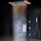 Cascada Luxurious 14" x 20" Large Multicolor LED Shower System with Color Changing Remote Controller & 3-Way Shower Mixer (Rainfall, 6 Massage Jets Spray Body and Hand Shower) shower head with handheld rain multicolor led rainfall 3 knob valve handle shower head high pressure black handheld system holder 6 massage jets body gold kit chrome oil rubbed bronze mixer modern ceiling mount 3 way thermostatic square shower system