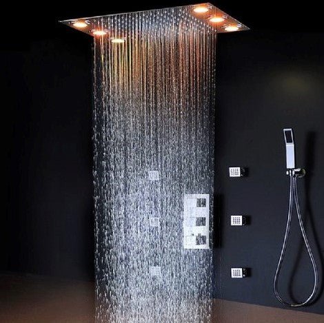 Cascada Luxurious 14" x 20" Large Multicolor LED Shower System with Color Changing Remote Controller & 3-Way Shower Mixer (Rainfall, 6 Massage Jets Spray Body and Hand Shower) shower head with handheld rain multicolor led rainfall 3 knob valve handle shower head high pressure black handheld system holder 6 massage jets body gold kit chrome oil rubbed bronze mixer modern ceiling mount 3 way thermostatic square shower system