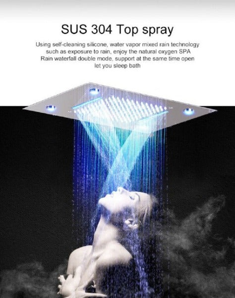 waterfall shower head, rainfall shower head, waterfall showerhead, waterfall shower heads, shower head waterfall, shower head with waterfall, water fall shower head, waterfall rain shower head, recessed shower head, rainfall waterfall shower head, waterfall shower, rain waterfall shower head, recessed rain shower head, and rainfall showerhead. Cascada Luxurious 14" x 20" Large Multicolor LED Shower Head with Color Changing Remote Controller