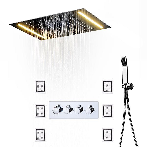 Cascada Luxury 14" x 20" Recessed LED Shower System With 3-Way Thermostatic Valve(4 knob),3 Mode Function(Rainfall, 6 Massage Jets Set & HandShower) shower head with handheld rain White LED rainfall dual 4 handle shower heads high pressure black hand held system holder waterfall matte fixtures gold kit chrome oil rubbed bronze mixer modern ceiling mount 3 way thermostatic square showers system