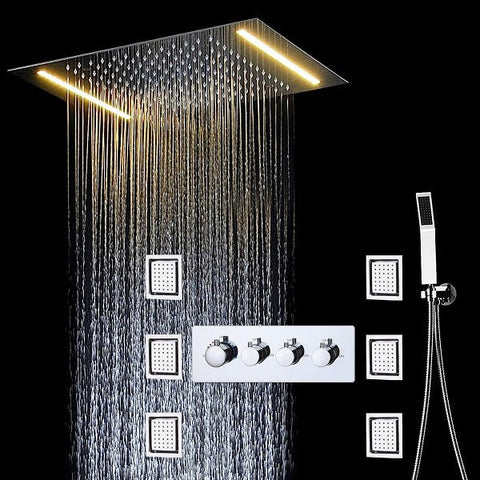 Cascada Luxury 14" x 20" Recessed LED Shower System With 3-Way Thermostatic Valve(4 knob),3 Mode Function(Rainfall, 6 Massage Jets Set & HandShower) shower head with handheld rain White LED rainfall dual 4 handle shower heads high pressure black hand held system holder waterfall matte fixtures gold kit chrome oil rubbed bronze mixer modern ceiling mount 3 way thermostatic square showers system