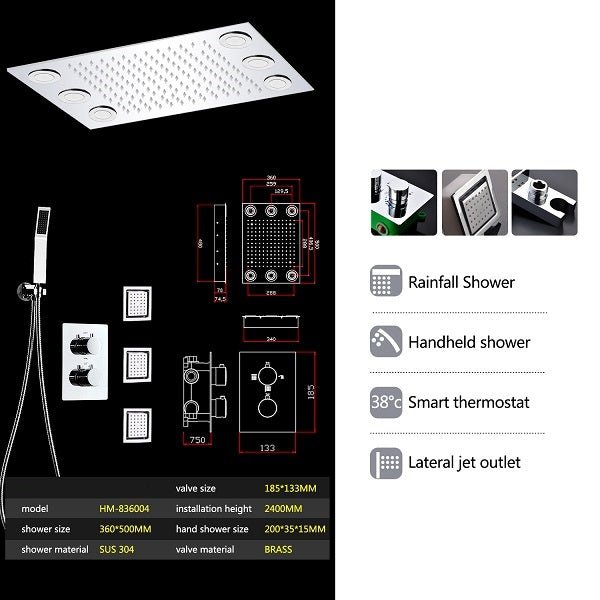 14x20 Rectangle Ceiling LED Shower System 3-Way Thermostatic – Cascada ...