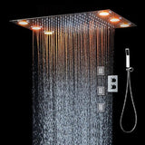 14"x20" Rectangle Ceiling Mounted LED Shower System - Cascada Showers Cascada Luxury 14" x 20" Rectangle Ceiling Mounted LED Shower System With 3-Way Thermostatic Valve (dual handle), 3 Massage Jets Spray Body Shower Set & Remote Control App shower head with handheld rain LED rainfall dual valve handle shower heads high pressure black hand held system holder 3 jet body spray matte fixture gold kit chrome oil rubbed bronze mixer modern ceiling mount 3 way thermostatic square shower system