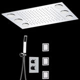 14"x20" Rectangle Ceiling Mounted LED Shower System - Cascada Showers Cascada Luxury 14" x 20" Rectangle Ceiling Mounted LED Shower System With 3-Way Thermostatic Valve (dual handle), 3 Massage Jets Spray Body Shower Set & Remote Control App shower head with handheld rain LED rainfall dual valve handle shower heads high pressure black hand held system holder 3 jet body spray matte fixture gold kit chrome oil rubbed bronze mixer modern ceiling mount 3 way thermostatic square shower system