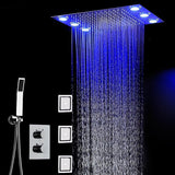 Cascada Luxury 14" x 20" Rectangle Ceiling Mounted LED Shower System With 3-Way Thermostatic Valve (dual handle), 3 Massage Jets Spray Body Shower Set & Remote Control App shower head with handheld rain LED rainfall dual valve handle shower heads high pressure black hand held system holder 3 jet body spray matte fixture gold kit chrome oil rubbed bronze mixer modern ceiling mount 3 way thermostatic square shower system