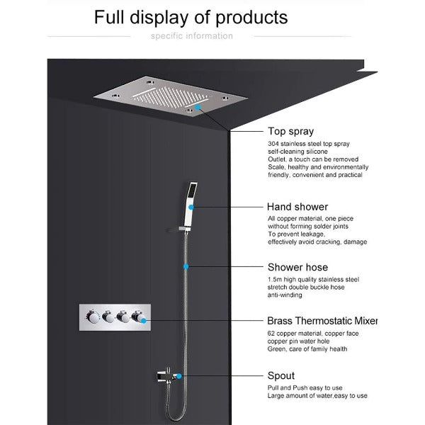 Cascada Luxurious 14" x 20" Large Multicolor LED Shower System with Color Changing Remote Controller & 3-Way Shower Mixer (Rainfall, 6 Massage Jets Spray Body and Hand Shower) shower head with handheld rain multicolor led rainfall 3 knob valve handle shower head high pressure black handheld system holder 6 massage jets body gold kit chrome oil rubbed bronze mixer modern ceiling mount 3 way thermostatic square shower system