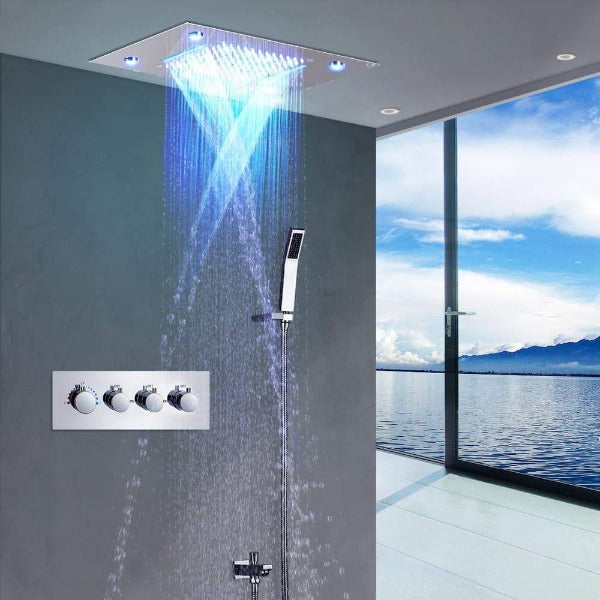 Cascada Luxurious 14" x 20" Large Multicolor LED Shower System with Color Changing Remote Controller & 3-Way Shower Mixer (Rainfall, 6 Massage Jets Spray Body and Hand Shower) shower head with handheld rain multicolor led rainfall 3 knob valve handle shower head high pressure black handheld system holder 6 massage jets body gold kit chrome oil rubbed bronze mixer modern ceiling mount 3 way thermostatic square shower system