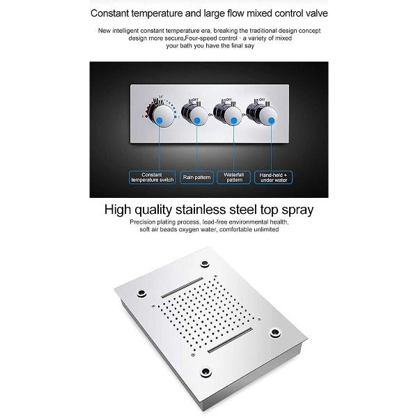 Cascada Luxurious 14" x 20" Large Multicolor LED Shower System with Color Changing Remote Controller & 3-Way Shower Mixer (Rainfall, 6 Massage Jets Spray Body and Hand Shower) shower head with handheld rain multicolor led rainfall 3 knob valve handle shower head high pressure black handheld system holder 6 massage jets body gold kit chrome oil rubbed bronze mixer modern ceiling mount 3 way thermostatic square shower system
