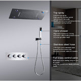 Cascada Luxury 14" x 20" Square Ceiling Mounted LED Shower System With 3-Way Thermostatic Valve (4 knobs),3 Mode Function (Rainfall, Waterfall & Handheld Shower) & Remote Control App shower head with handheld rain LED rainfall four valve handle shower heads high pressure black hand held system holder waterfall rainfall mix matte gold kit chrome oil rubbed bronze mixer modern ceiling mount 3 way thermostatic square showers systems 