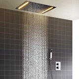 14"x20" White LED Shower Set with Dual Thermostatic Valve - Cascada Showers Cascada Luxury 14" x 20" Square White LED Shower System (Ceiling Mounted) with Dual Thermostatic Valve & 2 Mode Functions (Rainfall & Handheld Shower) shower head with handheld rain White LED rainfall dual valve handle showerheads high-pressure black handheld system holder matte fixture gold kit chrome oil rubbed bronze handshowers mixer modern Ceiling mount 3-way thermostatic square showers system