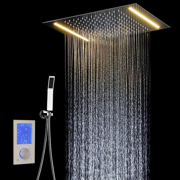 Cascada Luxury 14" x 20" Square White LED Shower System (Ceiling Mounted) with Dual Thermostatic Valve & 2 Mode Functions (Rainfall & Handheld Shower) shower head with handheld rain White LED rainfall dual valve handle showerheads high-pressure black handheld system holder matte fixture gold kit chrome oil rubbed bronze handshowers mixer modern Ceiling mount 3-way thermostatic square showers system